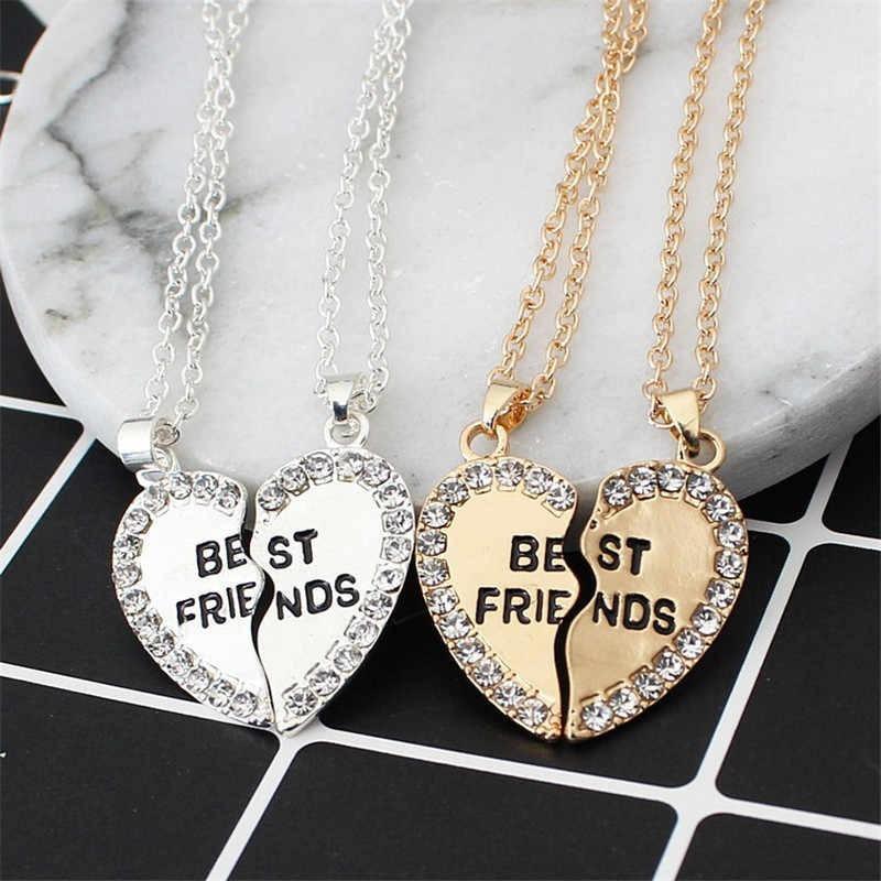 Best Friends Heart Necklace Set – Silver Split Pendant with Crystals