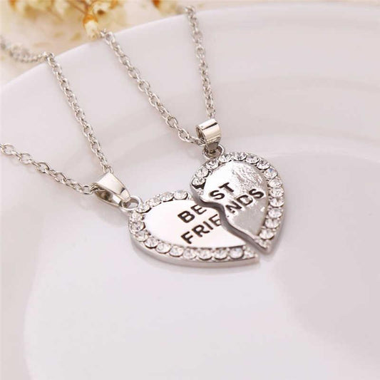 Best Friends Heart Necklace Set – Silver Split Pendant with Crystals