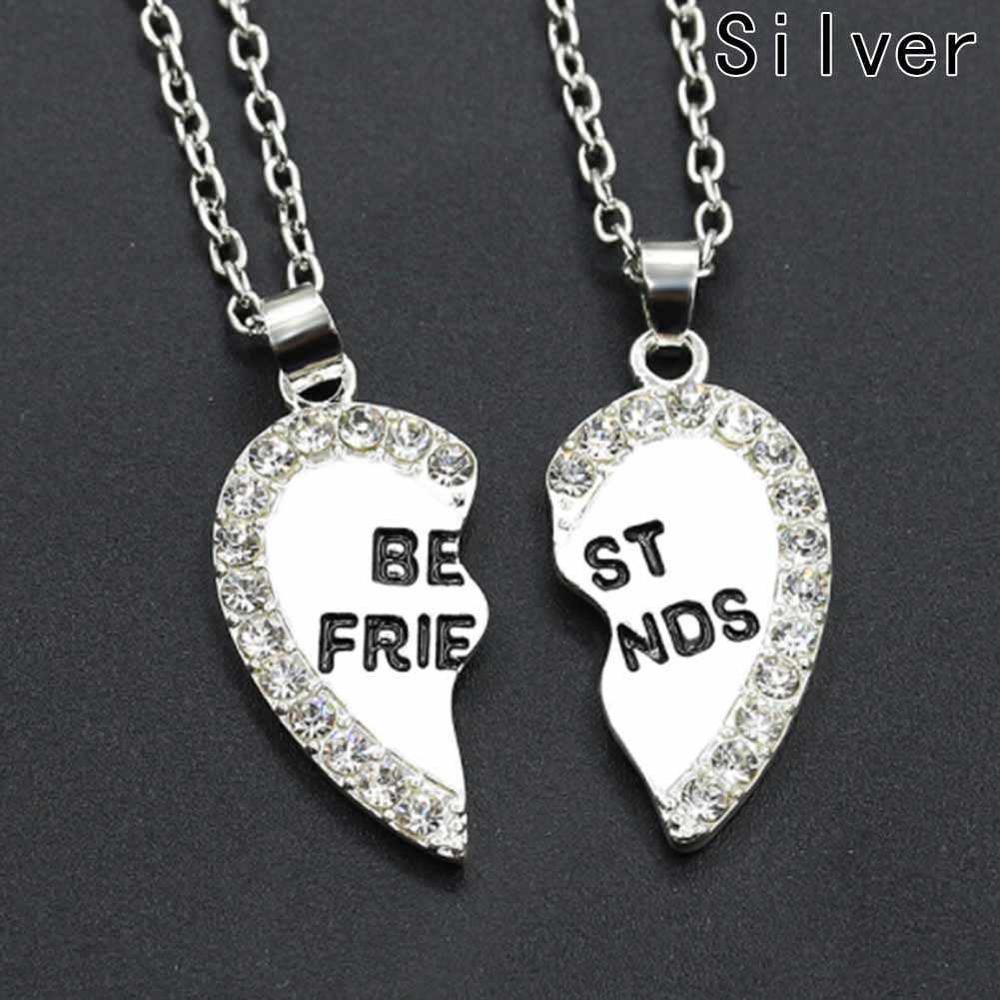 Best Friends Heart Necklace Set – Silver Split Pendant with Crystals